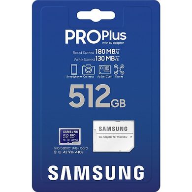 Карта пам'яті Samsung 512 GB microSDXC UHS-I U3 V30 A2 PRO Plus 2023 (MB-MD512SA)