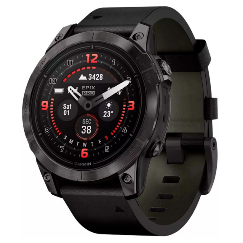 Смарт-годинник Garmin Epix Pro Gen 2 Sapphire 47mm Carbon G. DLC Tit. with B. Leather Band (010-02803-30)  Фото №0