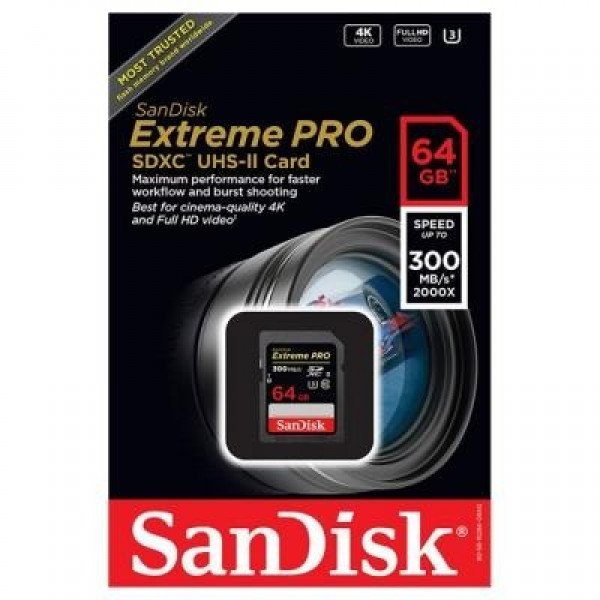 Карта памяти SanDisk 64 GB SDXC UHS-II U3 ??V90 Extreme Pro SDSDXDK-064G-GN4IN  Фото №0