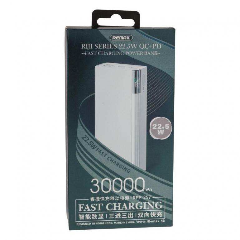 Зовнішній акумулятор (павербанк) REMAX Riji 30000mAh QC 22.5W White (RPP-257)  Фото №1