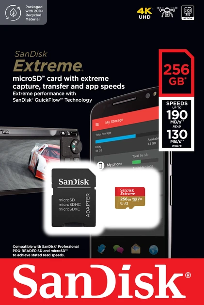 Карта памяти SanDisk 256 GB microSDXC UHS-I U3 V30 A2 Extreme (SDSQXAV-256G-GN6MA)  Фото №1