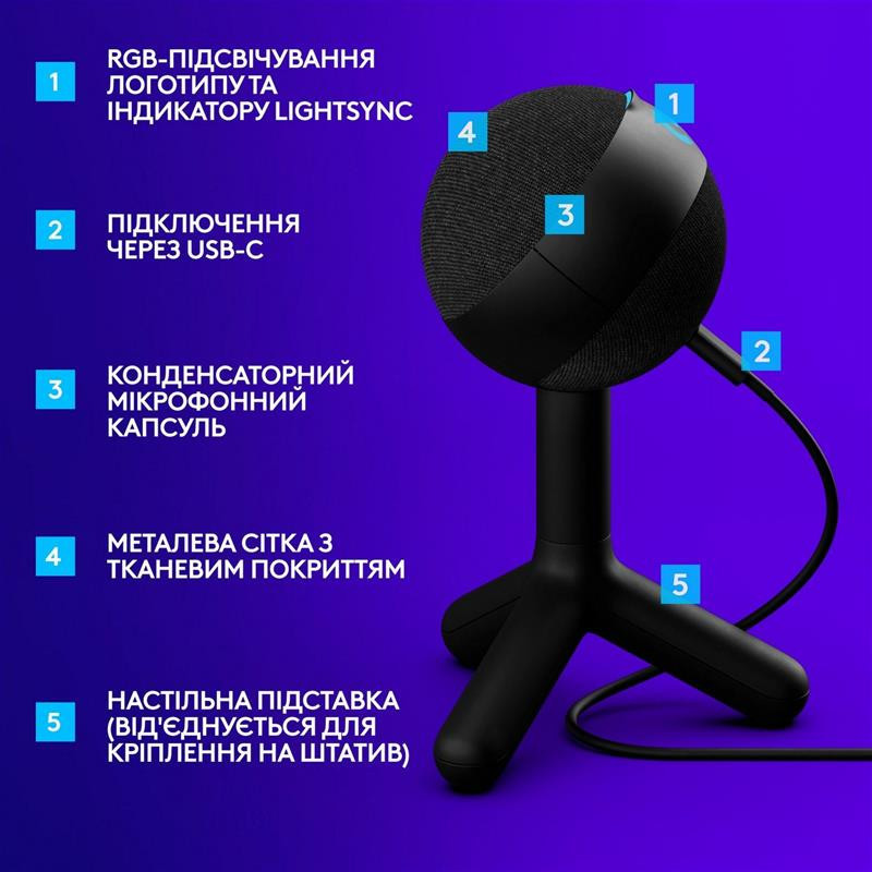 Мікрофон для ПК/ для стрімінгу, подкастів Logitech G Yeti Orb RGB Black (988-000551)  Фото №2