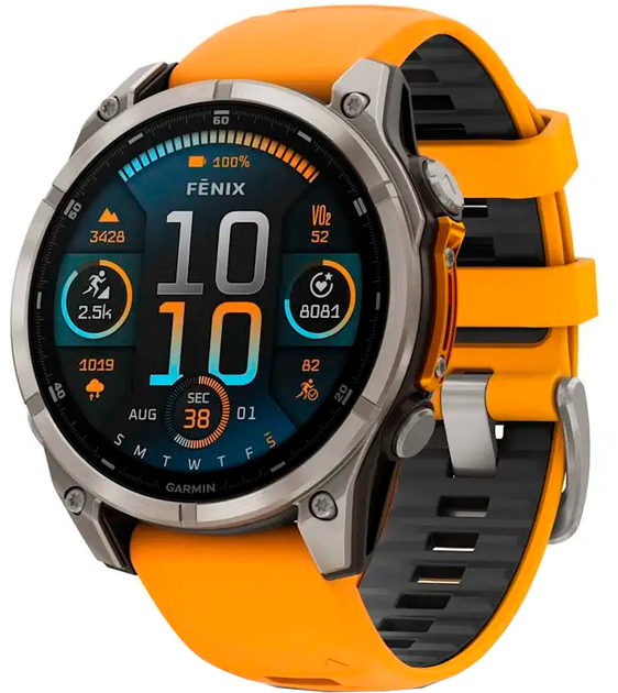 Спортивные часы Garmin Fenix ??8 47mm Amoled Sapphire Titanium w. Spark Orange/Graphite Silicone Band (010-02904-10/11)