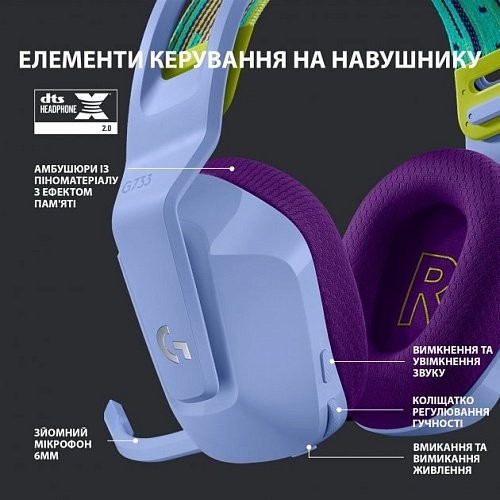 Комп&#039;ютерна гарнітура Logitech G733 Lightspeed Wireless Lilac (981-000890)  Фото №7