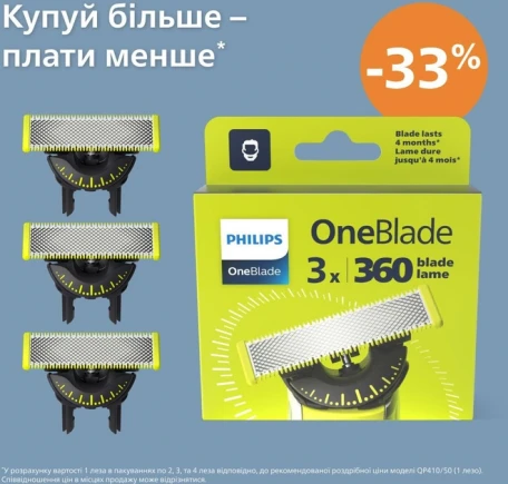 Сменные лезвия Philips Сменное плавающее лезвие OneBlade 360 ??QP430/50 3 шт (8710103997177)  Фото №1