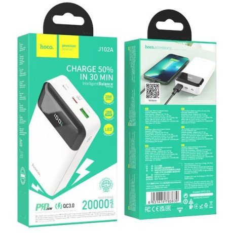 Внешний аккумулятор (павербанк) Hoco J102A Cool Figure 20000mAh 20WВнешний аккумулятор (павербанк) Hoco J102A Cool Figure 20000mAh 20W White  Фото №2