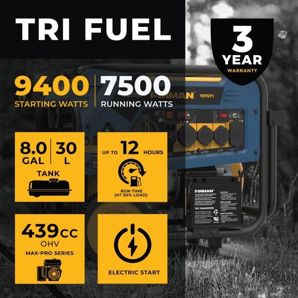 Комбінований генератор (газ-бензин) Firman Tri Fuel 7500W (T07571)  Фото №4