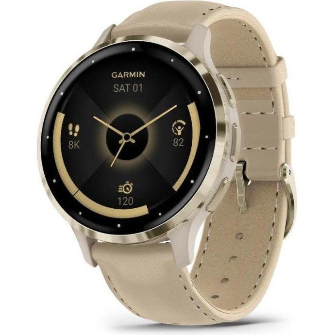Смарт-годинник Garmin Venu 3S Soft Gold S. Steel Bezel w. French Gray Case and Leather Band (010-02785-55)  Фото №0
