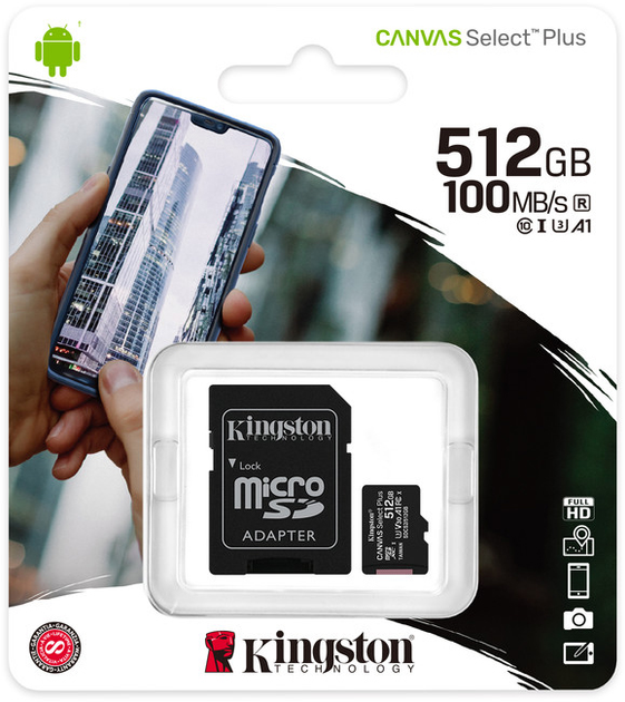 Карта пам&#039;яті Kingston 512 GB microSDXC Class 10 UHS-I U3 Canvas Select Plus + SD Adapter (SDCS2/512GB)  Фото №1