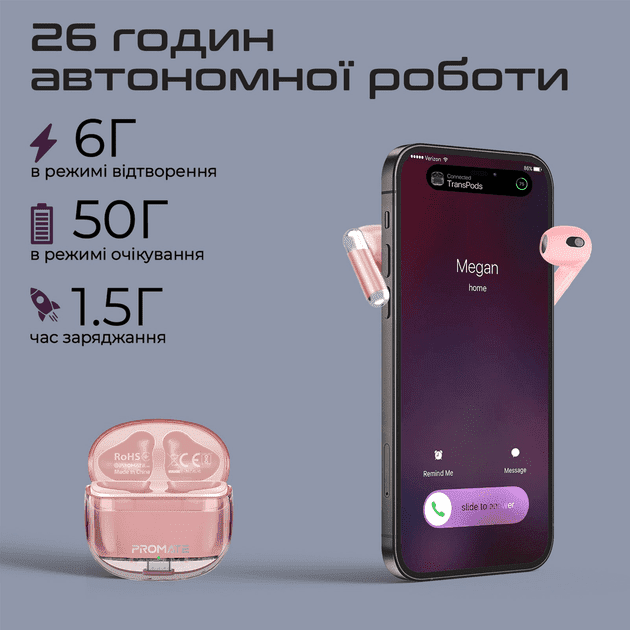 Навушники TWS Promate TransPods Pink (transpods.pink)  Фото №3