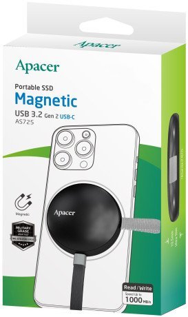 SSD накопитель Apacer Magnetic Portable AS725 512GB USB 3.2 Gen.2 Type-C MagSafe Black  Фото №0