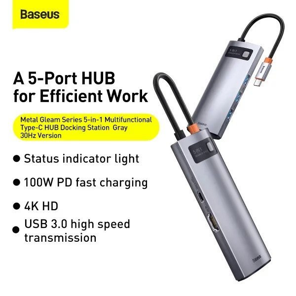 Мультипортовый адаптер Baseus Metal Gleam Series 5-in-1 Multifunctional Type-C HUB Gray (WKWG020013)  Фото №1