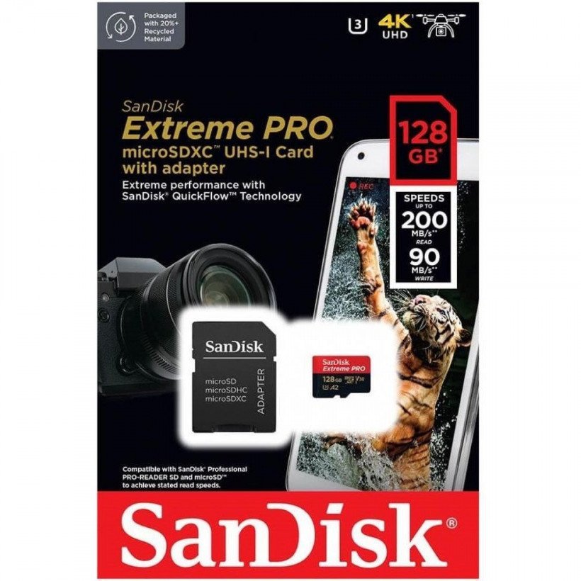 Карта пам&#039;яті SanDisk 128 GB microSDXC UHS-I U3 Extreme Pro + SD Adapter SDSQXCD-128G-GN6MA  Фото №0