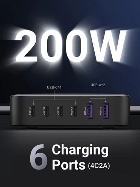 Мережевий зарядний пристрій UGREEN CD271 200W Nexode 2m GaN Desktop Charger Gray (40914)  Фото №1