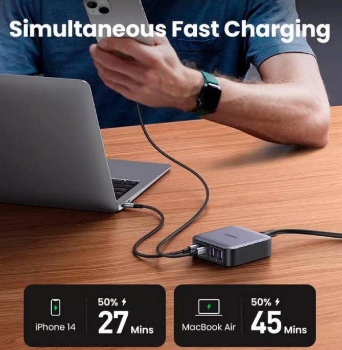 Мережевий зарядний пристрій UGREEN CD327 2USB+2Type-C 65W Nexode Desktop Charger 2m Gray (90747)  Фото №4