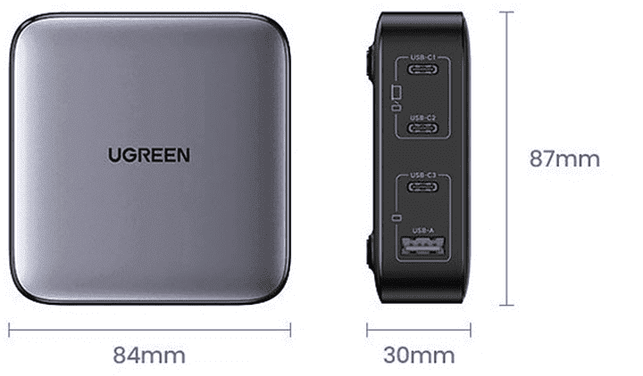 Мережевий зарядний пристрій UGREEN CD328 GaN 100W 1xUSB-A 3-USB-C PD3.0 QC4.0 Wall Charger Gray (90928)  Фото №2