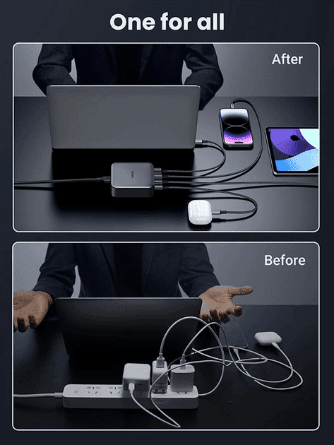 Мережевий зарядний пристрій UGREEN CD328 GaN 100W 1xUSB-A 3-USB-C PD3.0 QC4.0 Wall Charger Gray (90928)  Фото №5