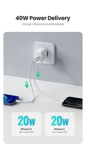 Сетевое зарядное устройство UGREEN CD243 40W 2xUSB-C, PD3.0 Wall Charger White (10343)  Фото №0