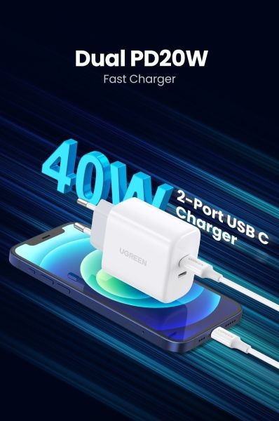 Мережевий зарядний пристрій UGREEN CD243 40W 2xUSB-C, PD3.0 Wall Charger White (10343)  Фото №3