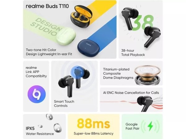 Наушники TWS realme Buds T110 Blue  Фото №6