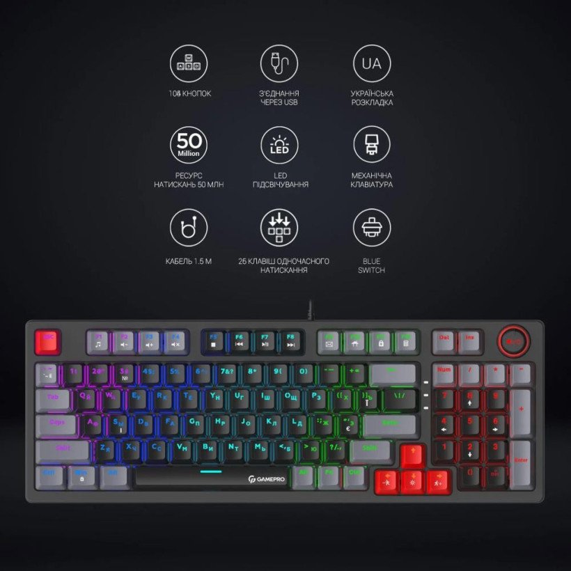 Клавиатура GamePro MK120 Blue Switches USB Black (MK120B)  Фото №5