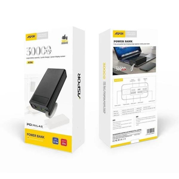Внешний аккумулятор (павербанк) ASPOR A306 Fast Charge 30000 mAh Black  Фото №0