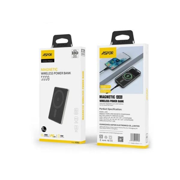 Внешний аккумулятор (Power Bank) ASPOR A381 Magnetic Wireless 5000mAh Gray (Type-C/20W)  Фото №1