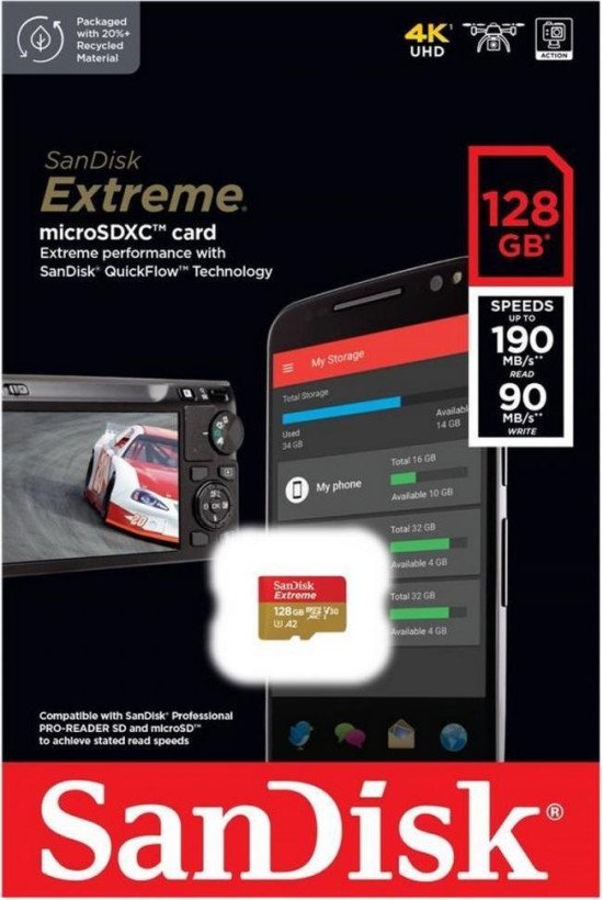 Карта пам&#039;яті SanDisk 128 GB microSDXC UHS-I U3 V30 A2 Extreme (SDSQXAA-128G-GN6MN)  Фото №1