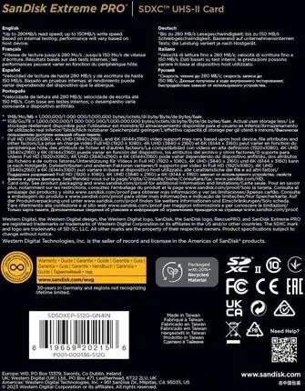 Карта памяти SanDisk 512 GB SDXC Extreme Pro UHS-II U3 V60 Class 10 (SDSDXEP-512G-GN4IN)  Фото №2