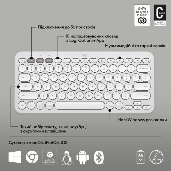 Клавіатура Logitech Pebble Keys 2 K380s Tonal White (920-011754)  Фото №4