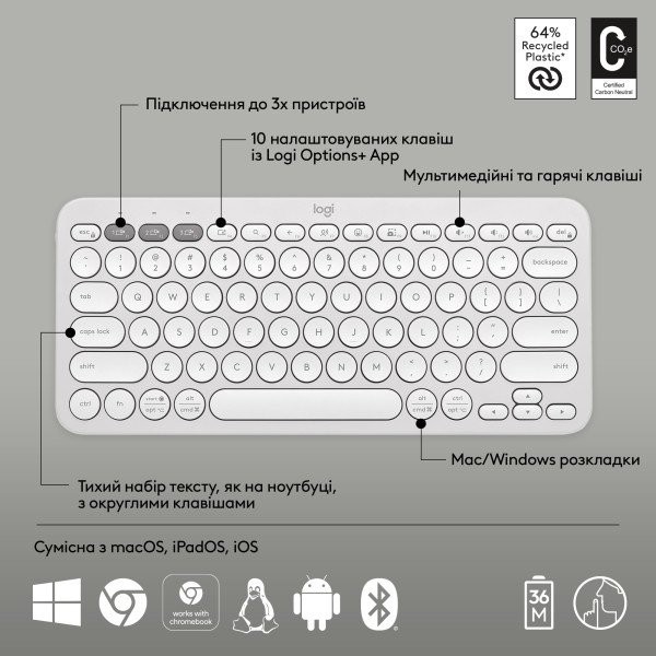 Клавіатура Logitech Pebble Keys 2 K380s Tonal White (920-011754)  Фото №15