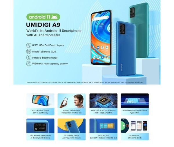 Смартфон UMIDIGI A9 3/64GB Blue (Global EU)  Фото №0