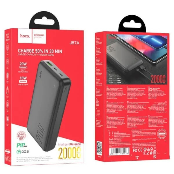 Внешний аккумулятор (Power Bank) Hoco Type-C PD 20W+Quick Charge 3.0 20000 mAh J87A Black  Фото №2