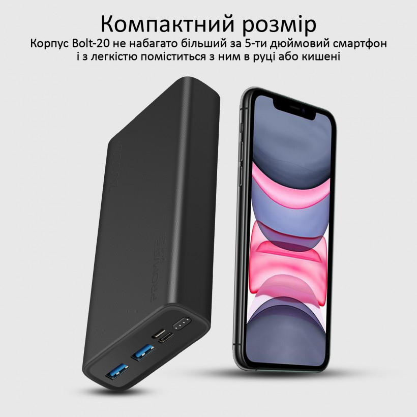 Зовнішній акумулятор (павербанк) Promate Bolt-20 20000 mAh Black (bolt-20.black)  Фото №0