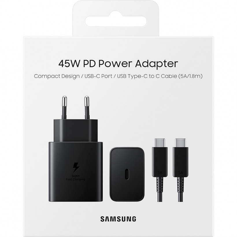 Сетевое зарядное устройство Samsung 45W Compact Power Adapter with Type-C to Type-C Cable Black (EP-T4510XBEG)  Фото №3